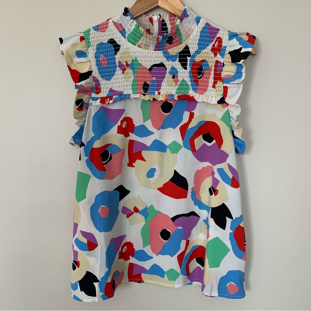Women’s THML Blouse Floral Ruffle Sleeve Smocking Flowy Large